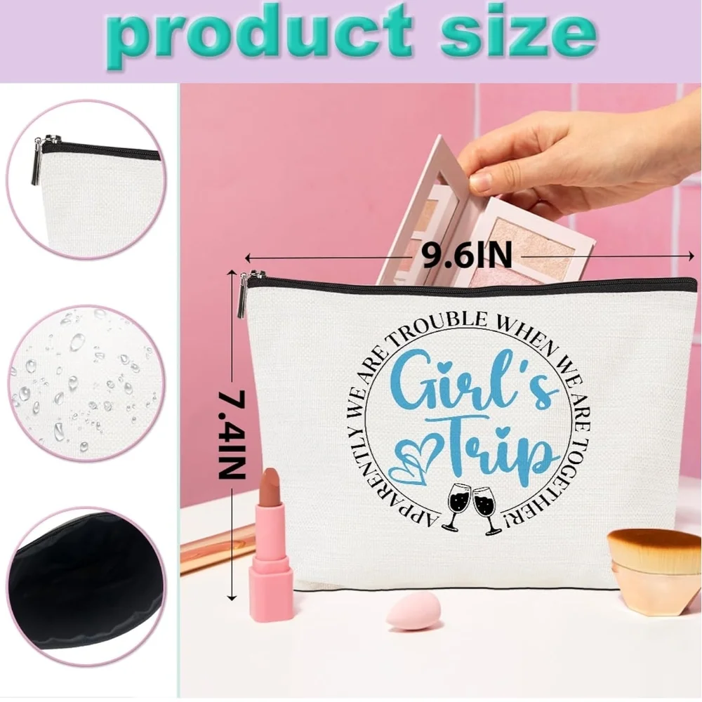4Pcs Girls Trip Canvas Makeup Bag Set White Zipper Travel Toiletry Pouches 9.6in